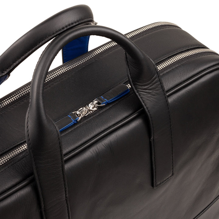 Black leather briefcase with dual zippers and blue interior lining