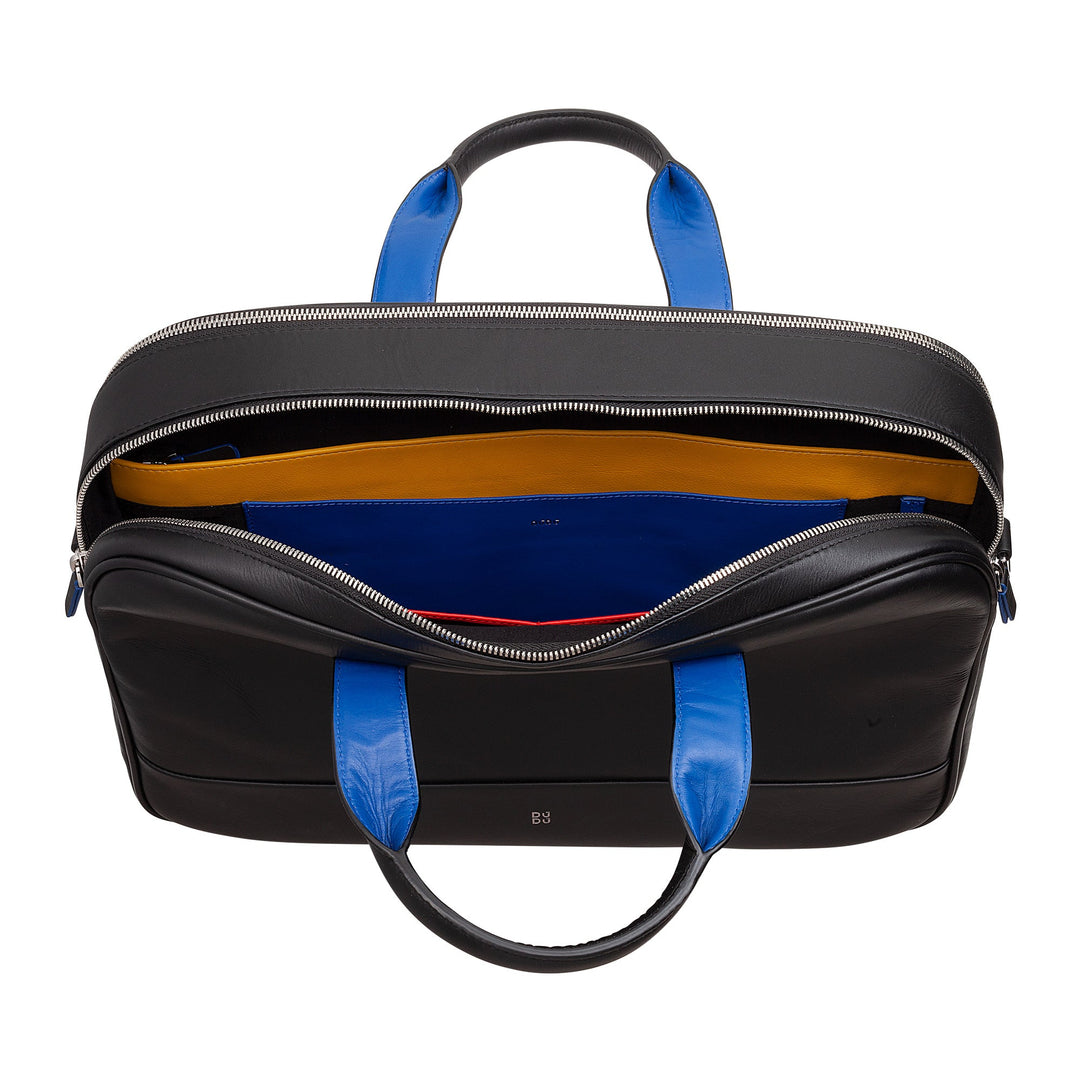 Black leather laptop bag with blue handles and a yellow interior lining