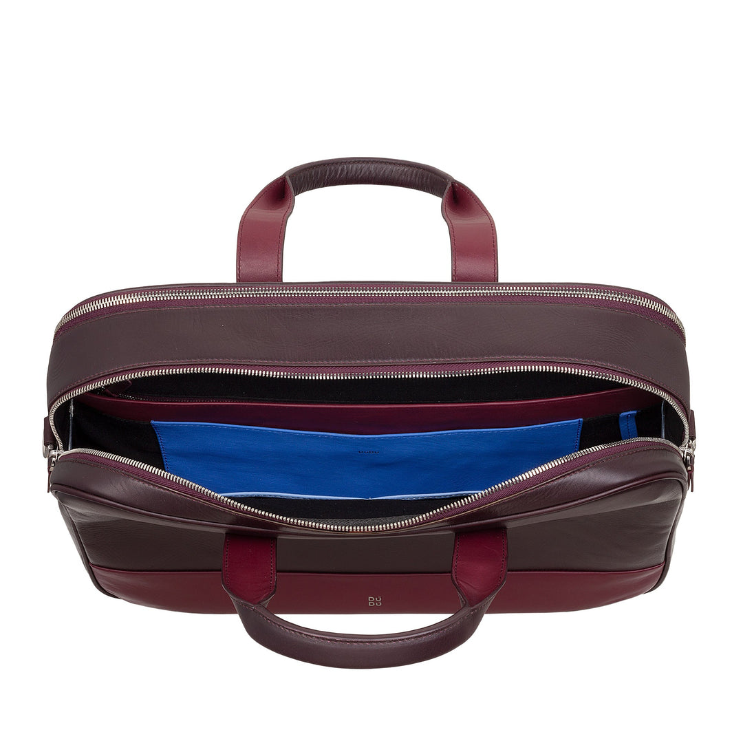 Open maroon leather briefcase with visible blue lining and multiple compartments