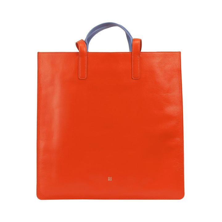 Bright orange leather tote bag with blue handles