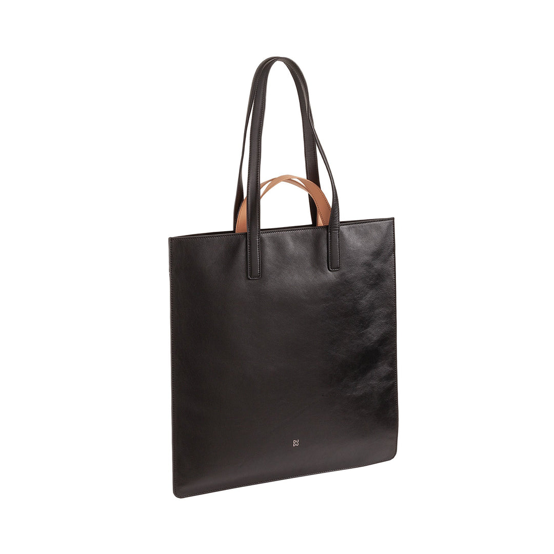 Black leather tote bag with dual handles