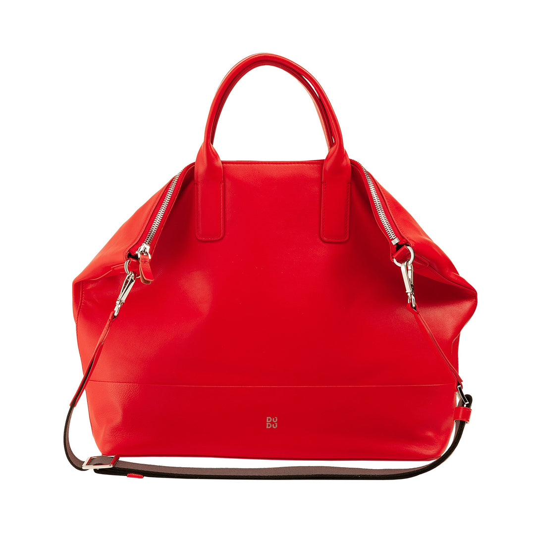 Red leather handbag with dual top handles and detachable shoulder strap