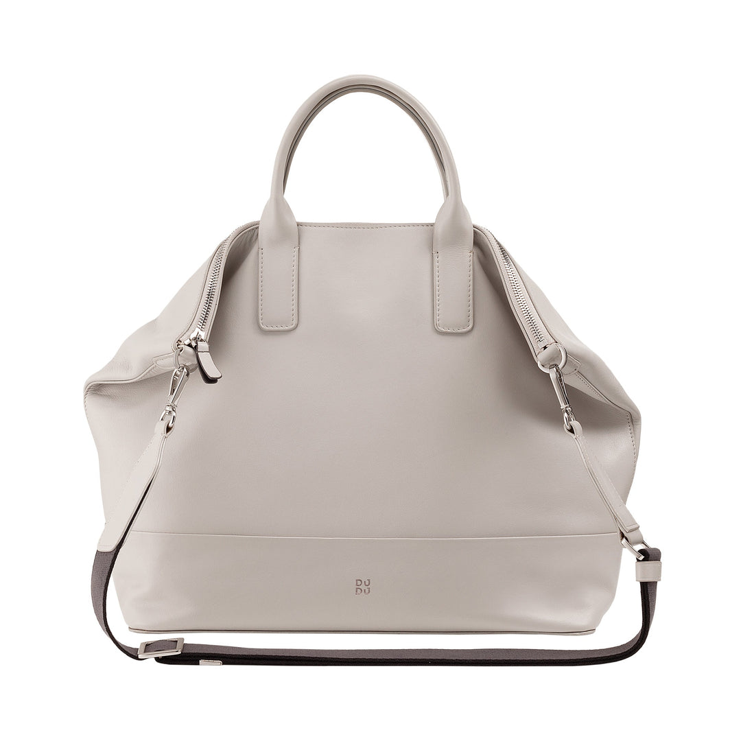 Elegant beige leather handbag with shoulder strap and dual zippers