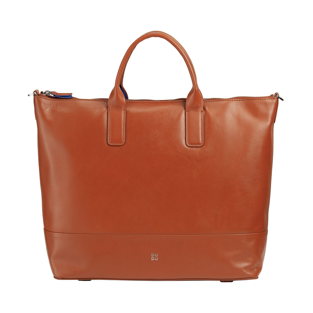 Brown leather tote bag with handles and zipper closure