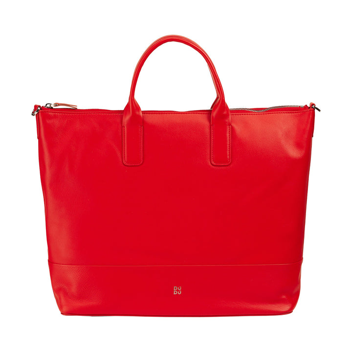 Bright red leather tote bag with handles and a brand logo