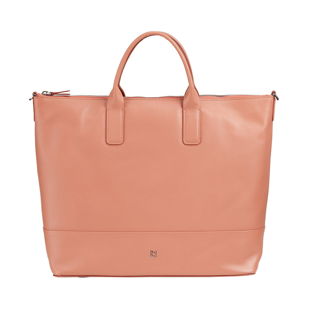 Stylish peach leather tote bag with top handles and zipper closure