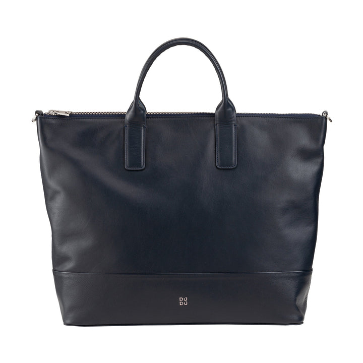 Elegant black leather tote bag with handles and zipper closure