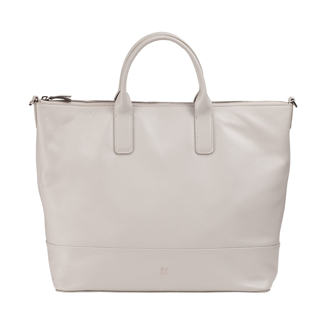 Elegant off-white leather tote bag with zipper and dual handles