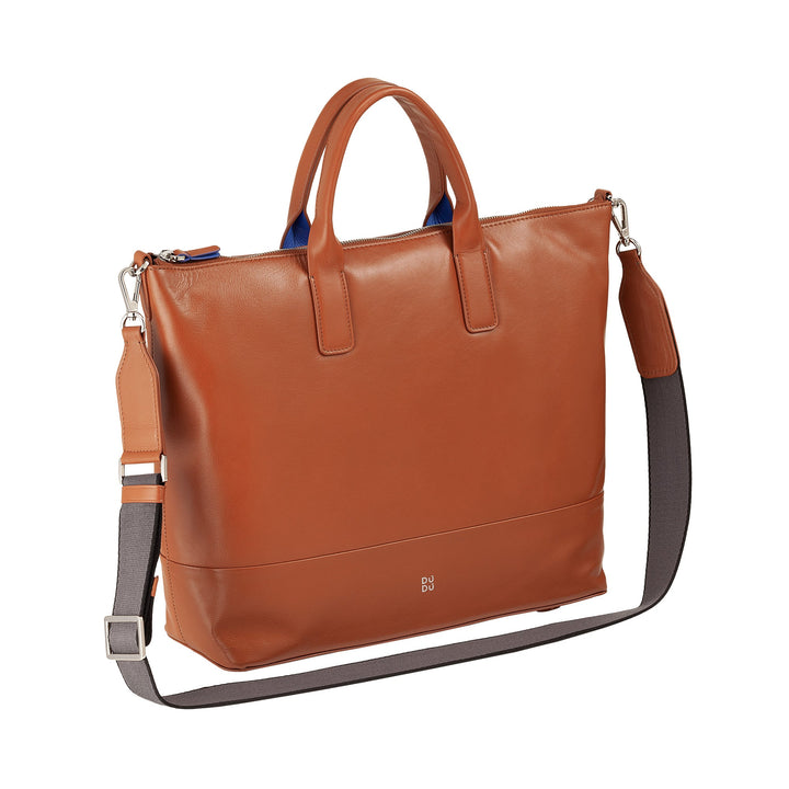 Elegant brown leather tote bag with detachable shoulder strap