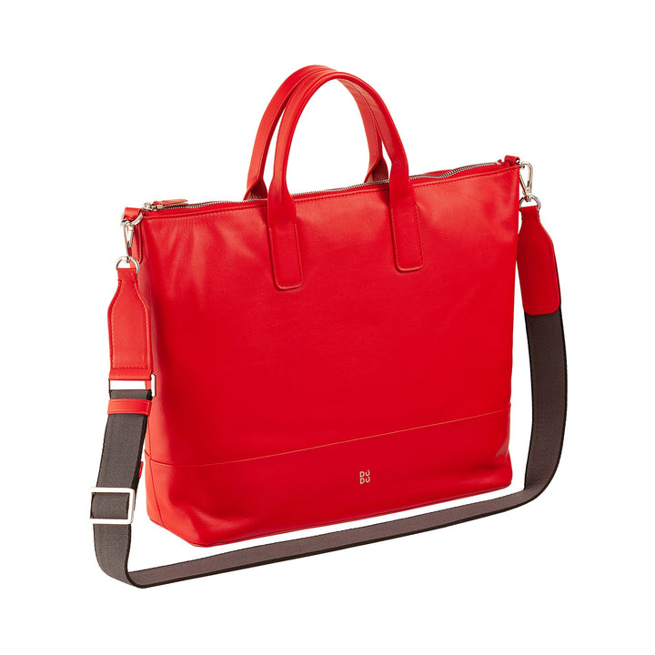 Red leather handbag with detachable shoulder strap and silver hardware against a white background