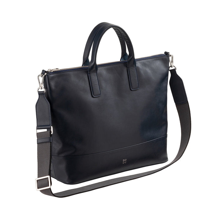 Black leather laptop bag with shoulder strap and handles