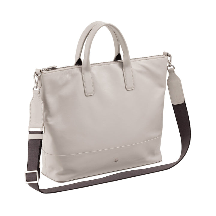 Elegant beige leather tote bag with adjustable shoulder strap