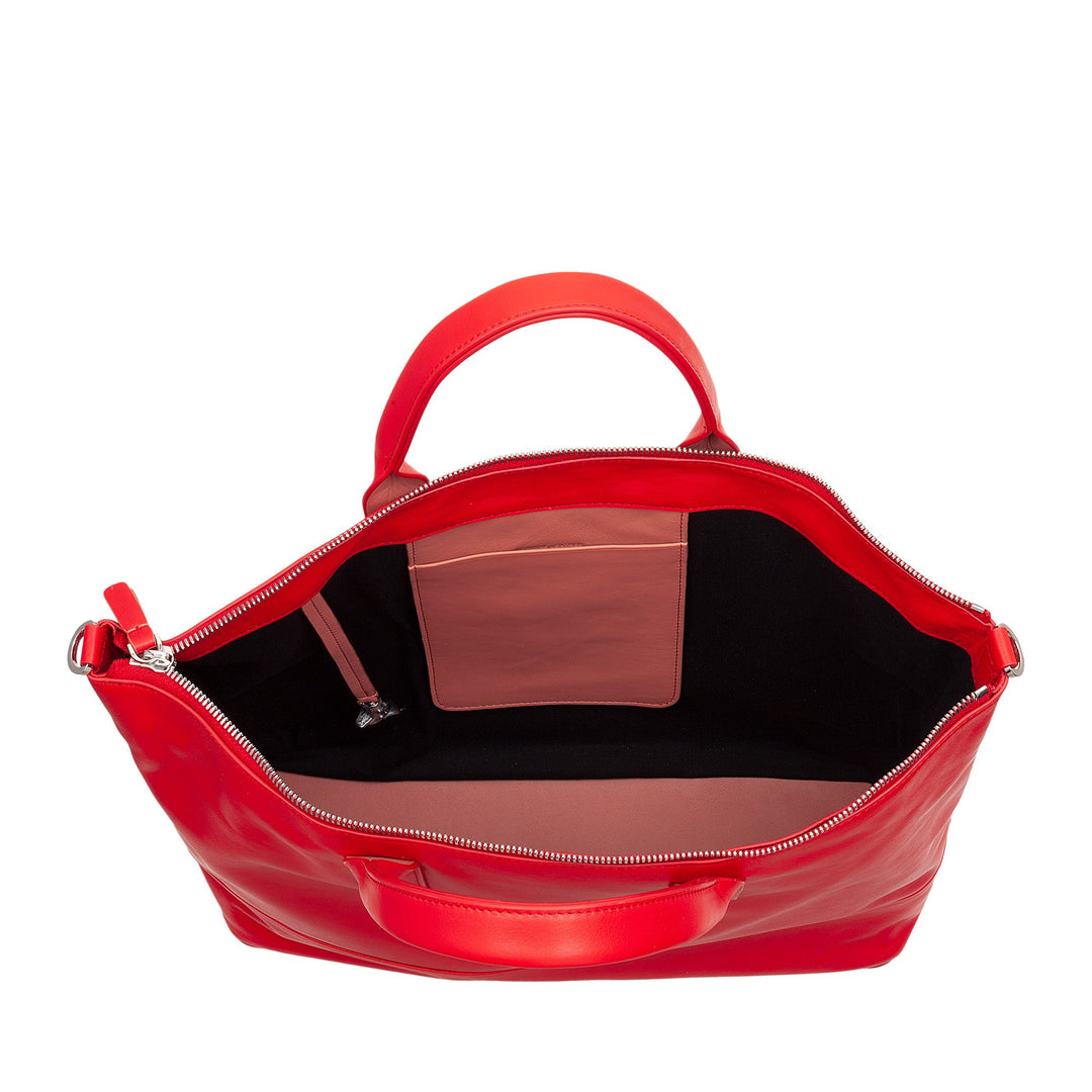 Open red leather handbag with inner pocket and zipper closure