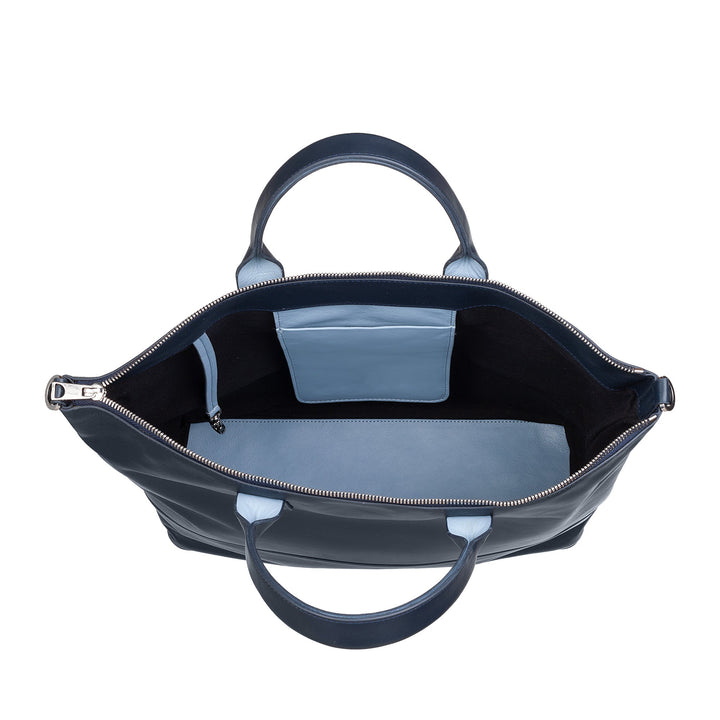 Top view of an open blue leather handbag displaying interior compartments and zippers