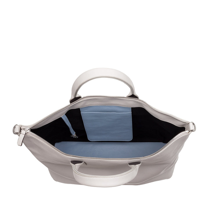 Light grey leather handbag with open top showing interior compartments, including one blue pocket