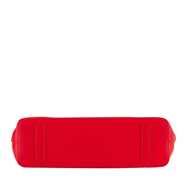 Bright red leather handbag with a rectangular base against a white background