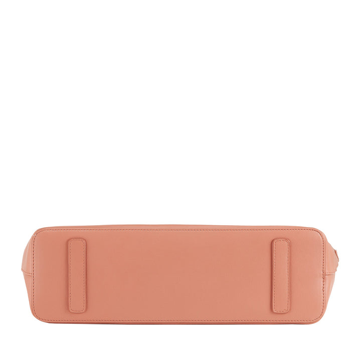 Peach leather rectangular handbag placed on white background