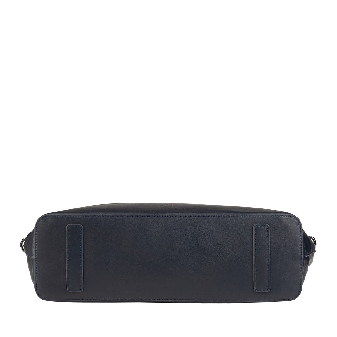 Bottom view of a navy blue leather shoulder bag with rectangular base