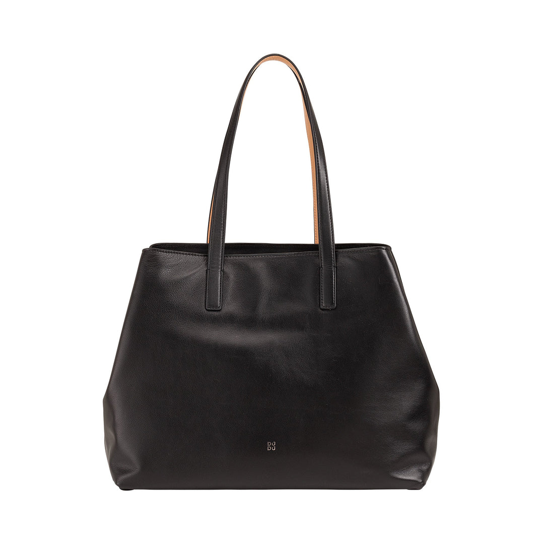Black leather tote bag with double handles on a white background
