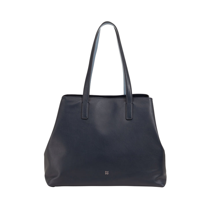 Black leather tote bag with long handles and minimalist design