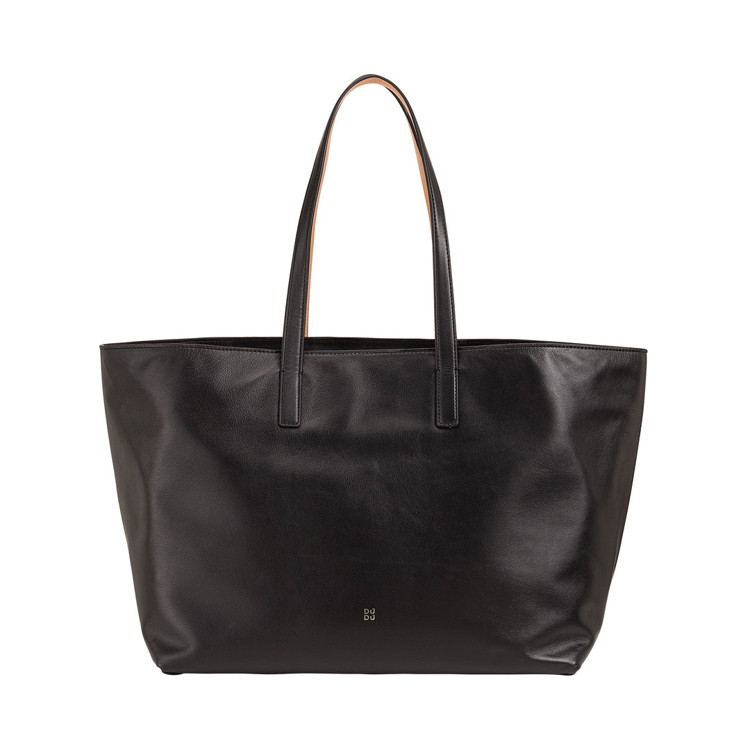 Black leather tote bag with dual handles and understated logo
