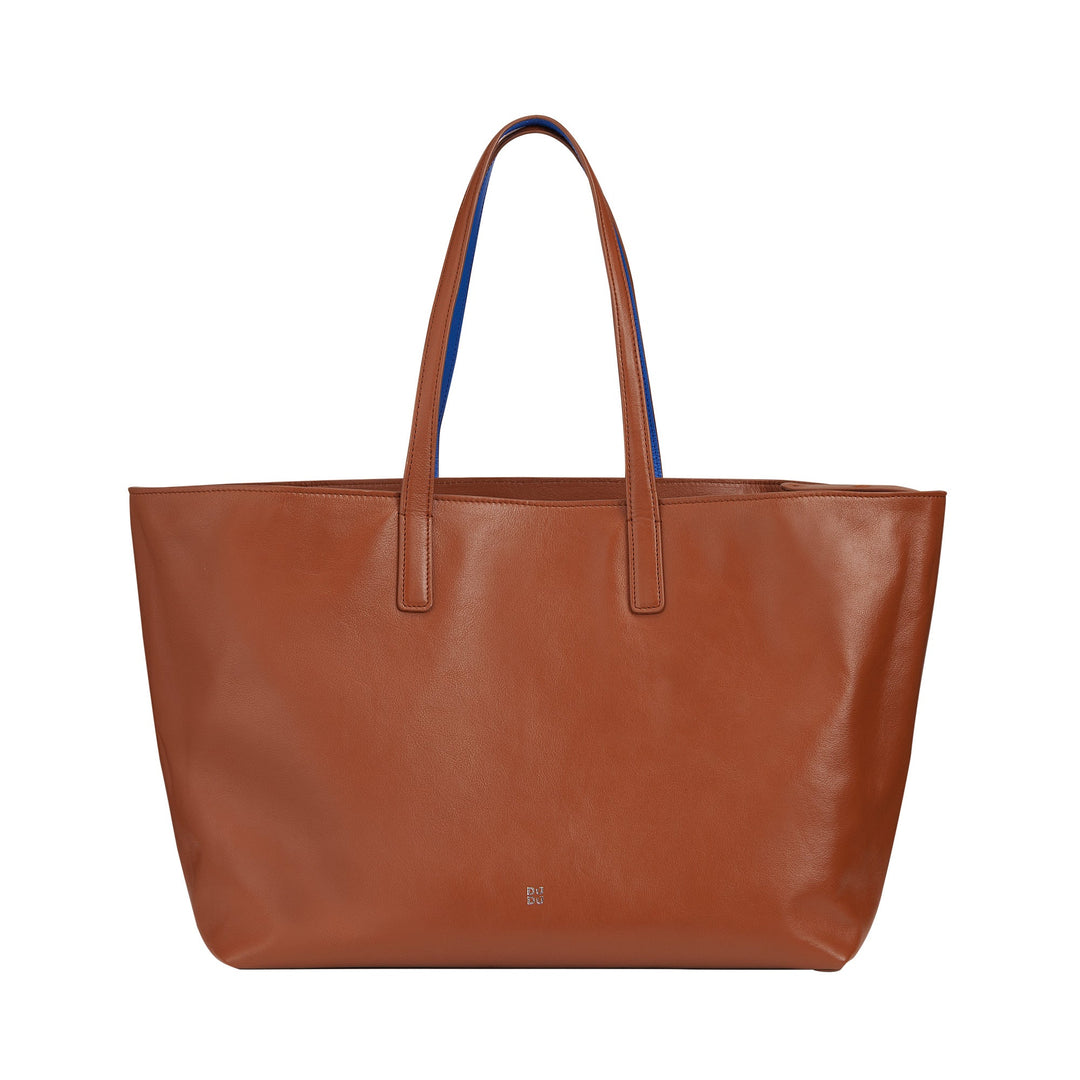 Brown leather tote bag with dual handles on a white background