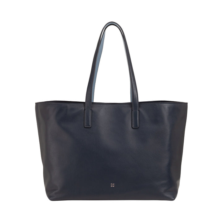 Dark blue leather tote bag with double handles against a white background