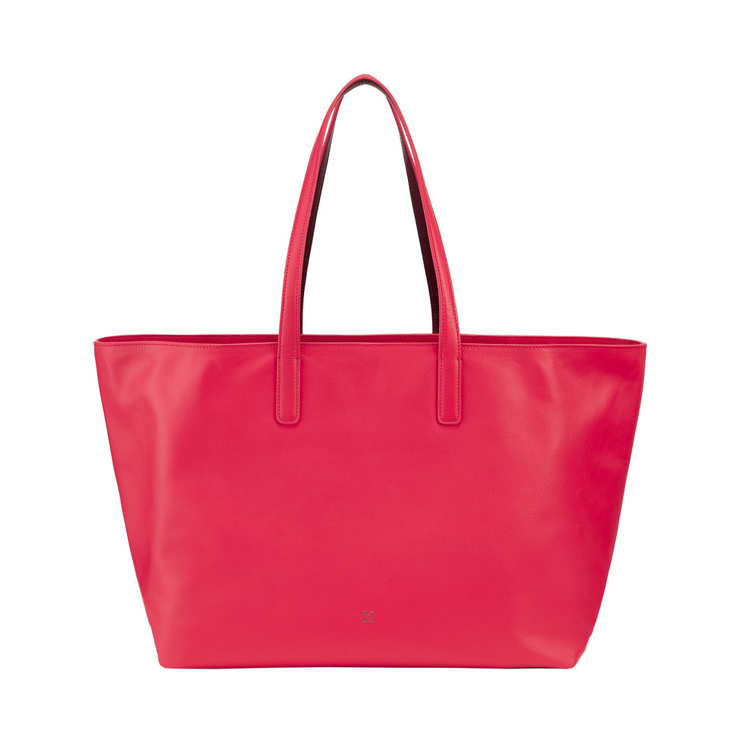 Bright pink leather tote bag with double handles
