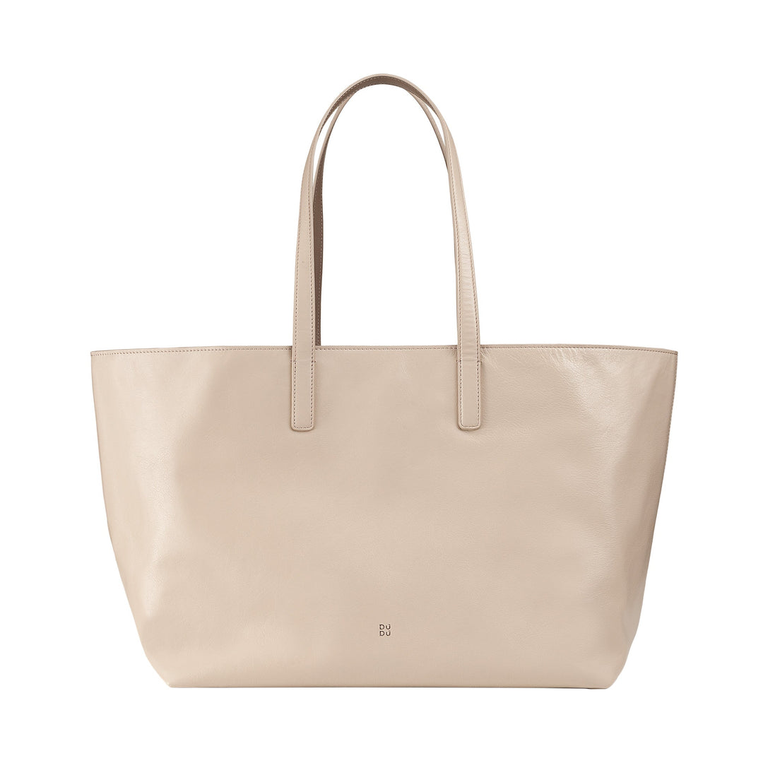 Beige leather tote bag with dual handles and minimalistic design