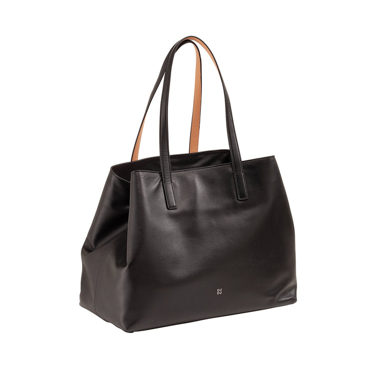 Stylish black leather tote bag with tan interior and elegant design