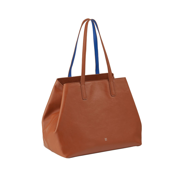 Brown leather tote bag with blue inner lining and dual handles