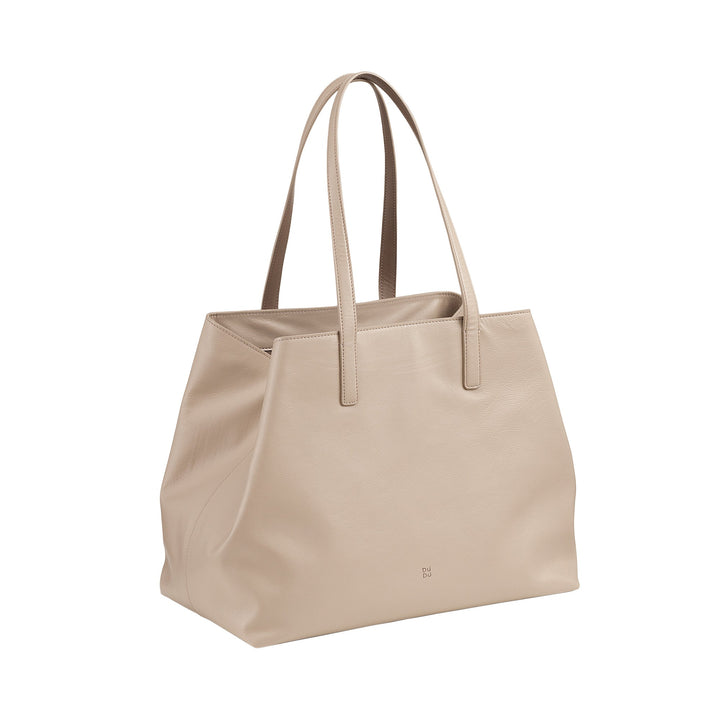 Beige leather tote bag with long handles and spacious interior