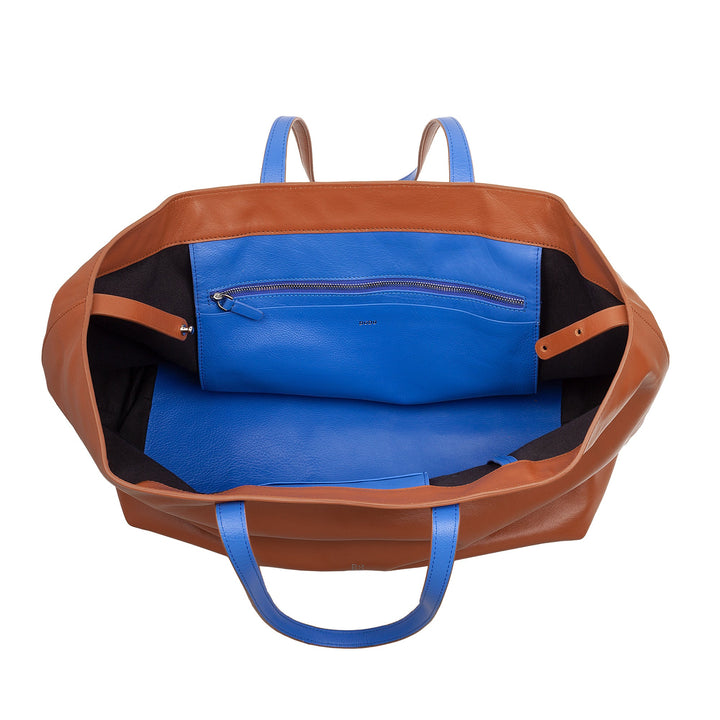 Open brown and blue leather tote bag with inner blue pocket and zipper