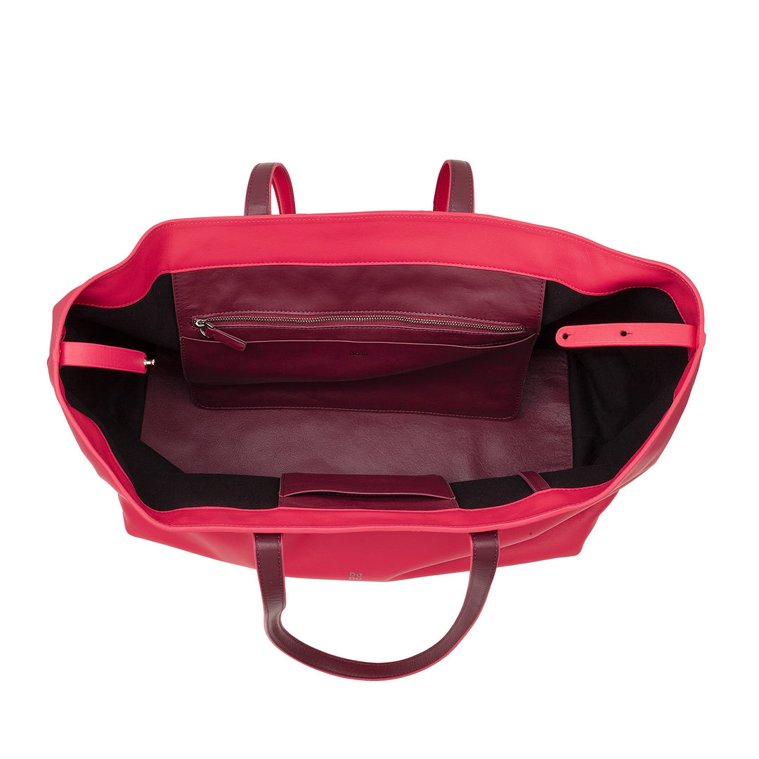 Top view of open red leather tote bag with interior zipper pocket