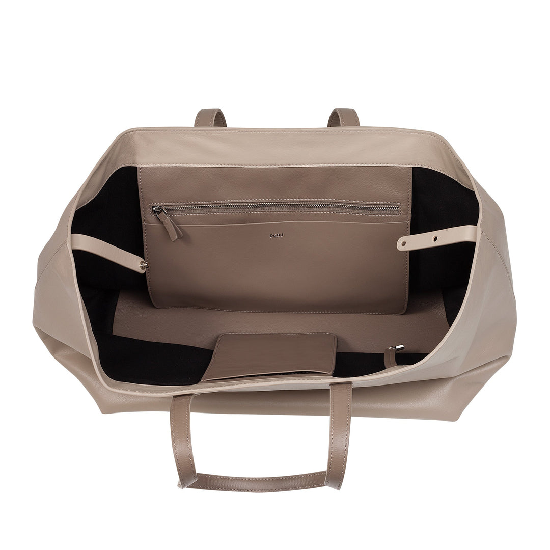 Open beige leather handbag showcasing interior pockets and zipper compartments