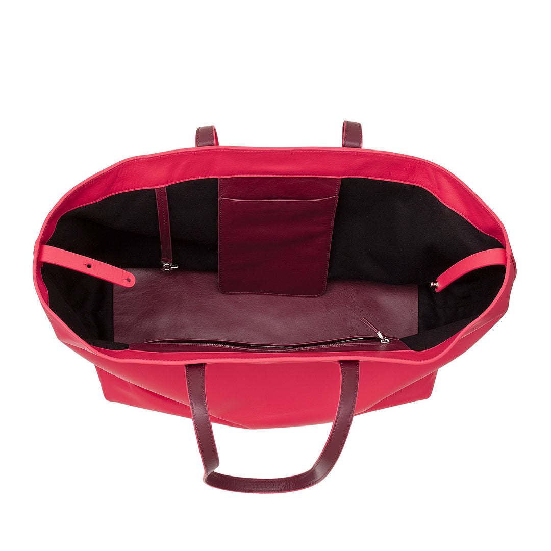 Top view of an open red leather tote bag with interior pockets and zipper compartment