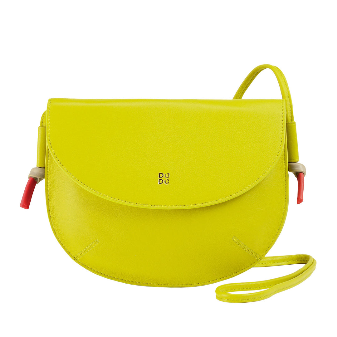 Bright yellow crossbody leather handbag with shoulder strap