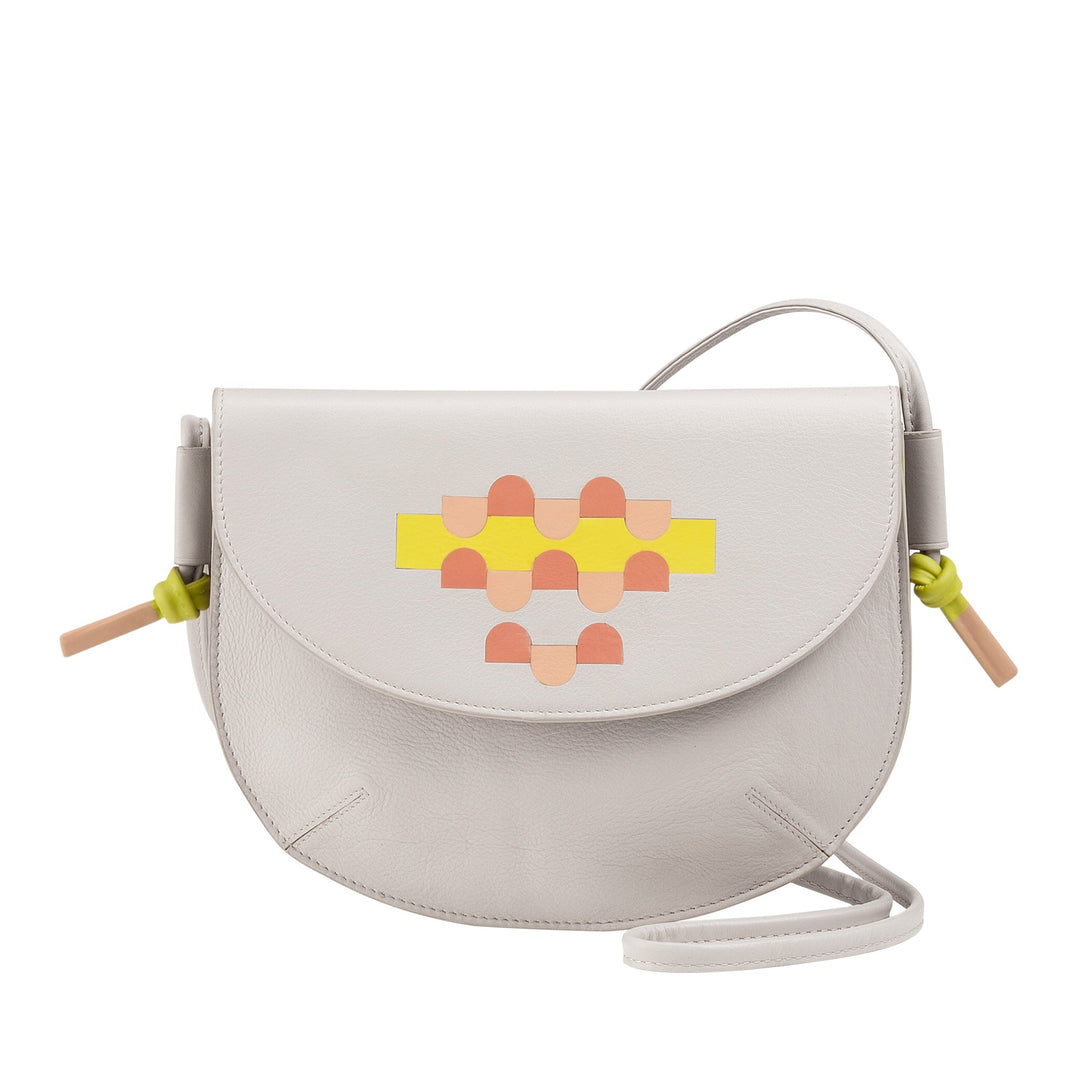 Chic white shoulder bag with colorful geometric design and yellow accents