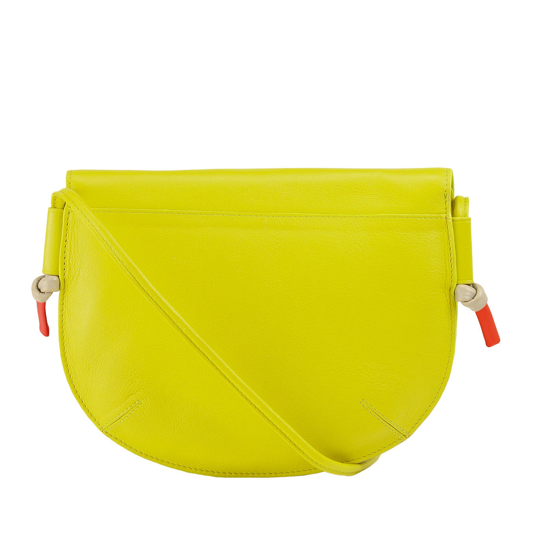 Bright yellow leather crossbody bag with modern design and orange accents
