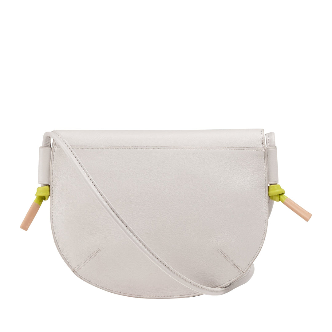 White leather crossbody bag with green accents and wooden details