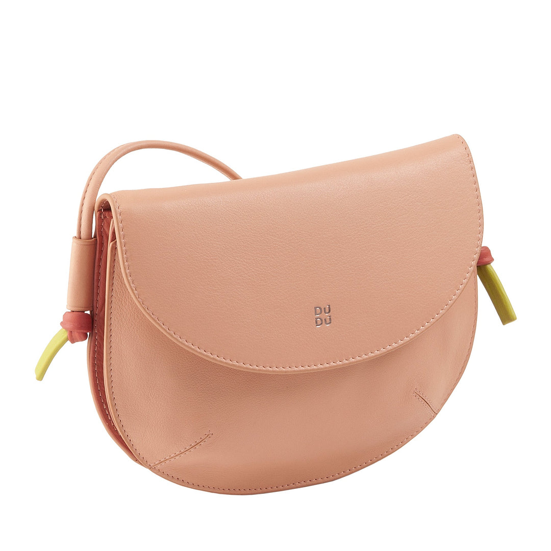 Peach leather crossbody bag with curved flap and minimalistic design