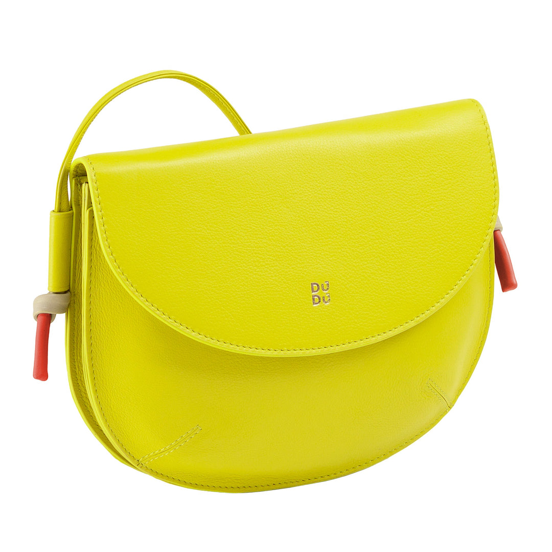 Bright yellow leather crossbody bag with flap closure and red tassel accents