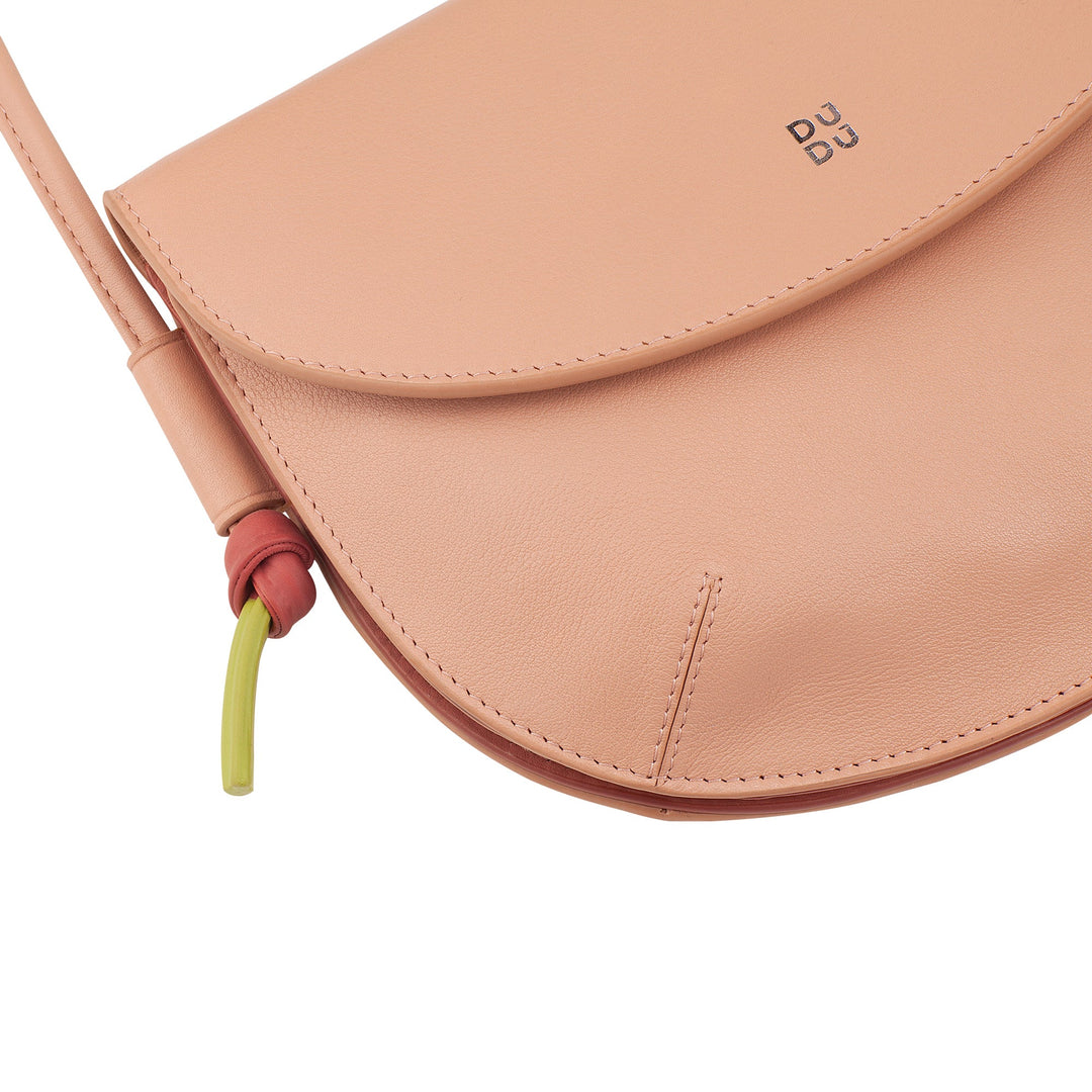 Peach leather crossbody bag with flap closure and minimalist design
