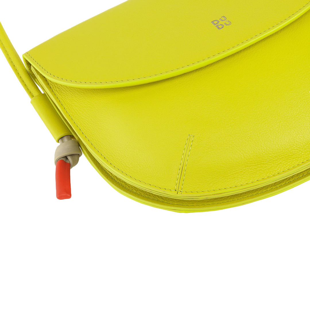Bright yellow leather handbag with minimalist design and red accent