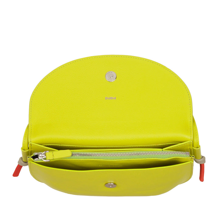 Yellow leather crossbody bag with open flap showing interior compartments and zipper pocket