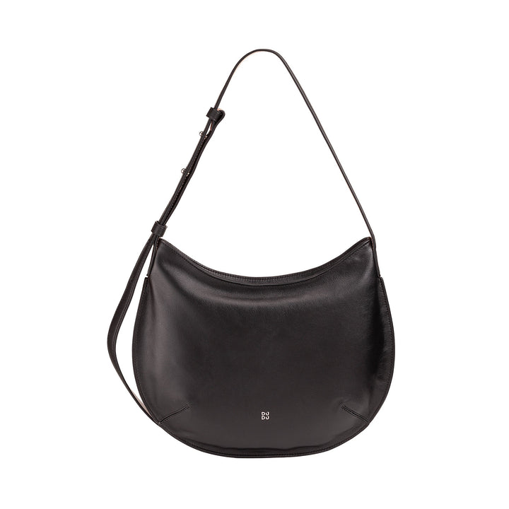 Black leather shoulder bag with adjustable strap