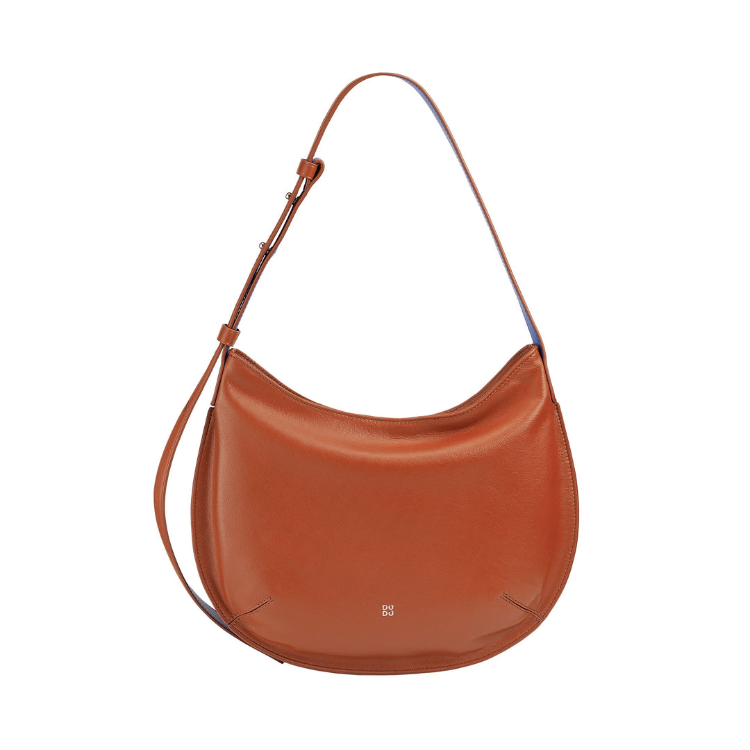 Brown leather shoulder bag with adjustable strap and minimalist design