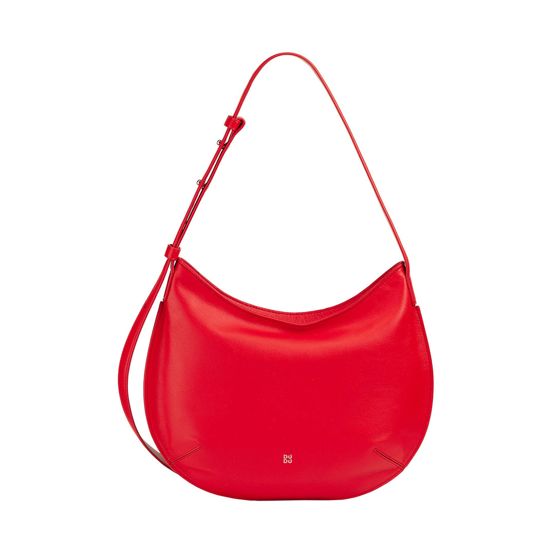 Red leather shoulder bag with adjustable strap and small logo