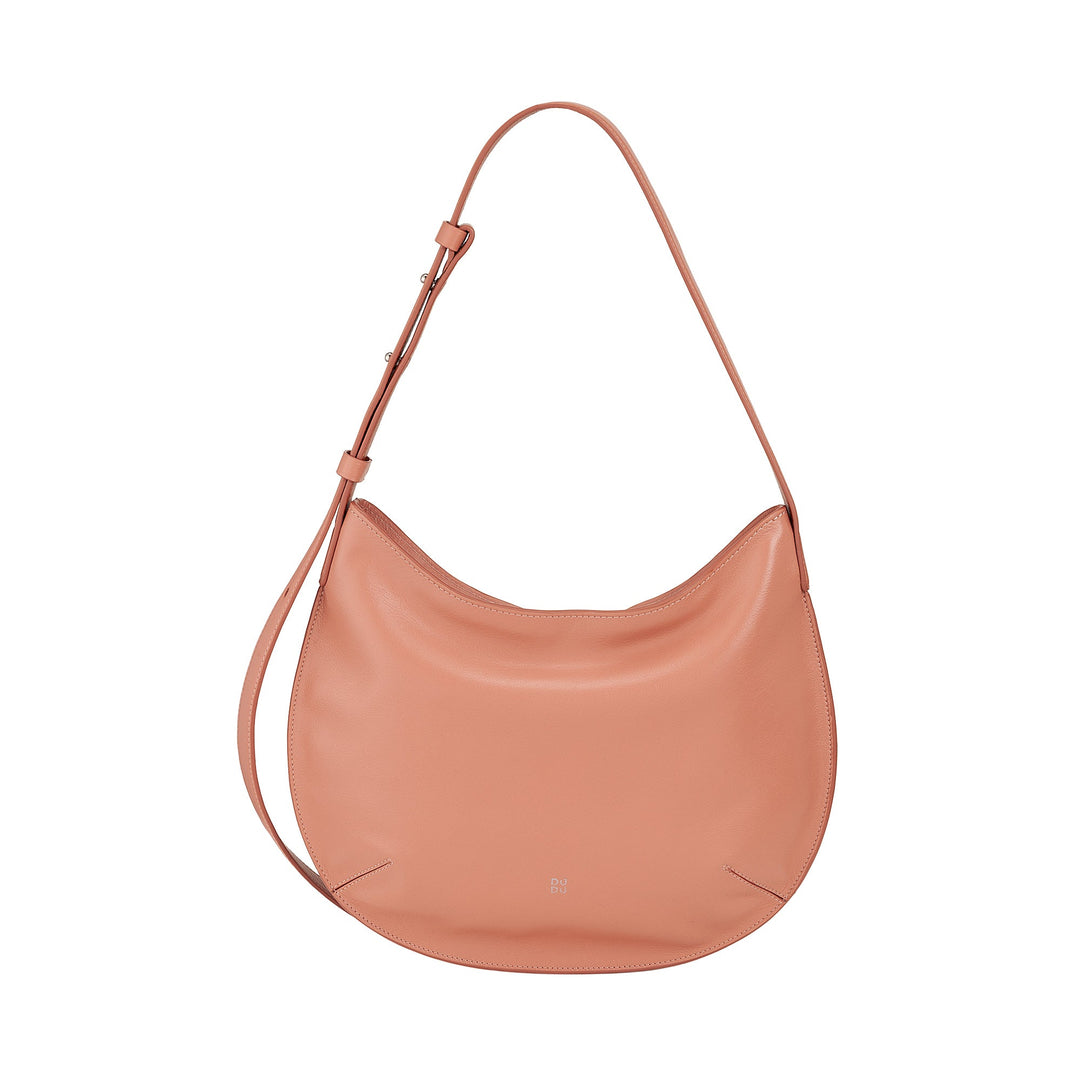 Peach-colored leather shoulder bag with adjustable strap