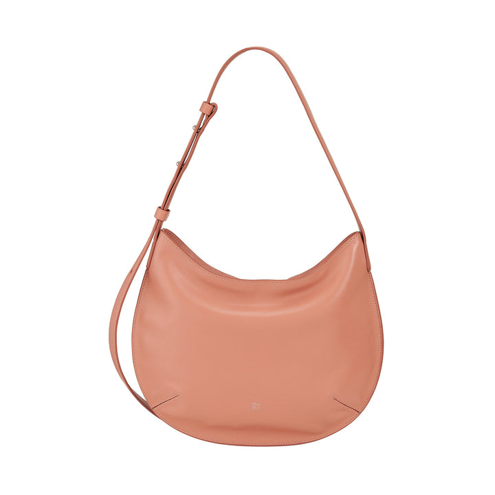 Peach-colored leather shoulder bag with adjustable strap